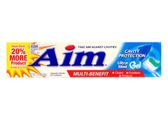 Back view of Aim Cavity Protection toothpaste tube showing packaging details