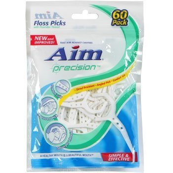Aim Precision Floss Picks 60-count pack, Pack of 5 with white plastic handle and floss