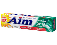 Close-up of Aim Toothpaste 6 oz tube label highlighting Fresh Mint Gel
