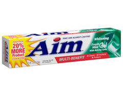 Toothbrush with Aim Fresh Mint toothpaste applied