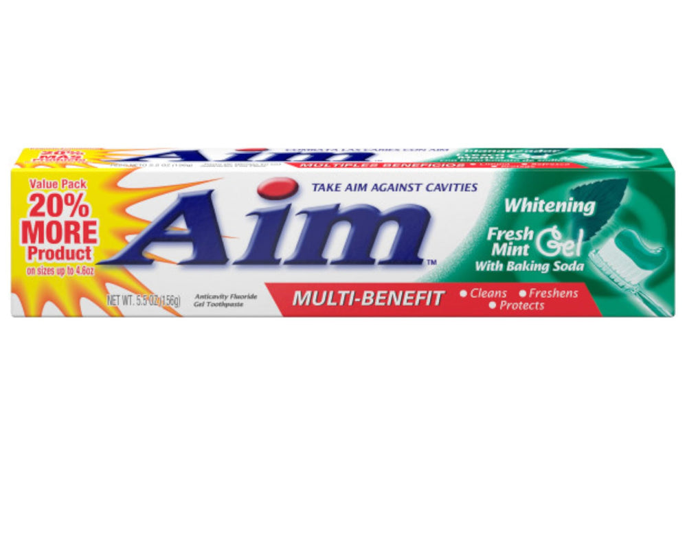 Packaging showing six Aim Toothpaste tubes with Fresh Mint Gel