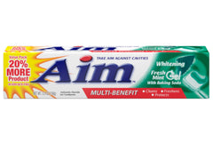 Packaging showing six Aim Toothpaste tubes with Fresh Mint Gel
