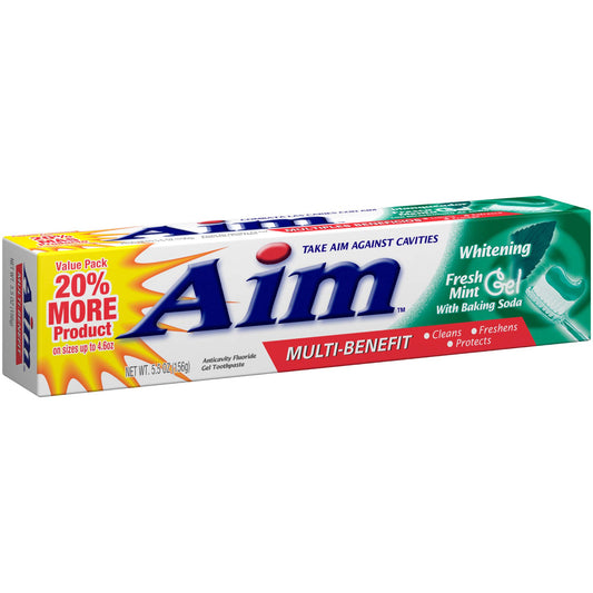 Close-up of toothpaste being dispensed from a 5.5oz tube with baking soda