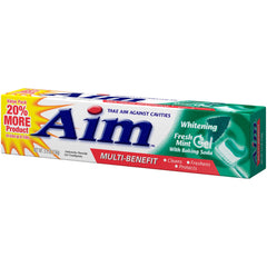 Label on toothpaste packaging highlighting cavity protection and whitening with baking soda