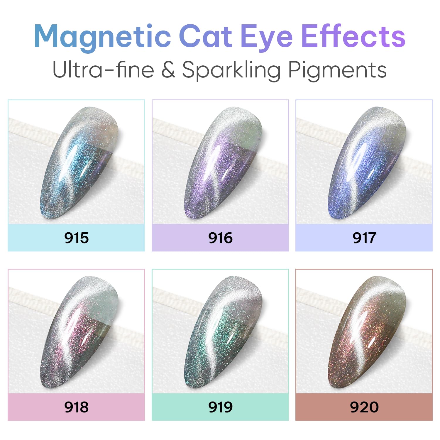 AIMEILI Cat Eye gel nail polish set bottles close-up highlighting glossy finish and color depth.