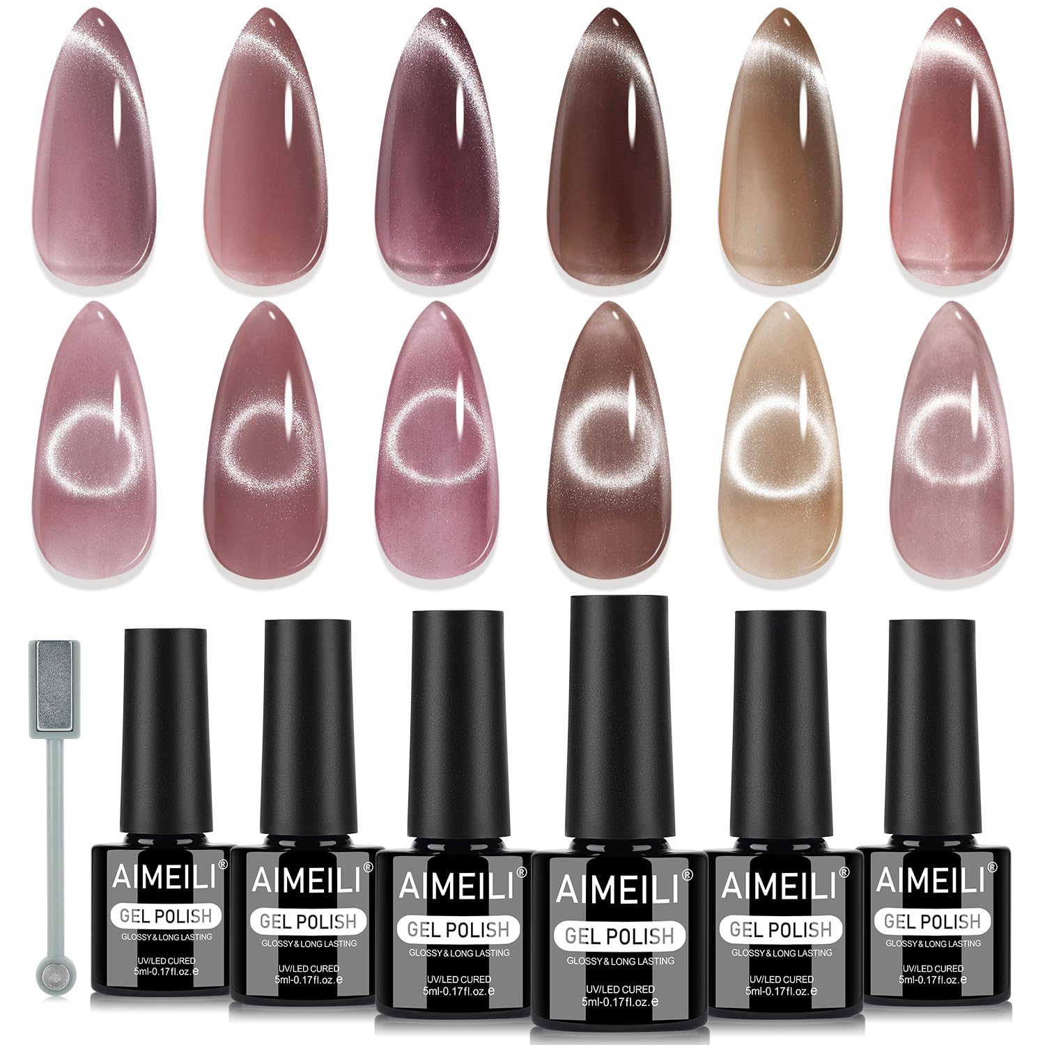 AIMEILI Cat Eye Gel Nail Polish Set 6pcs cover showcases premium vegan packaging for quick at-home styling.