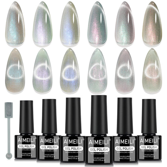 AIMEILI Cat Eye gel nail polish set 6pcs kit cover, vegan cruelty-free formula.