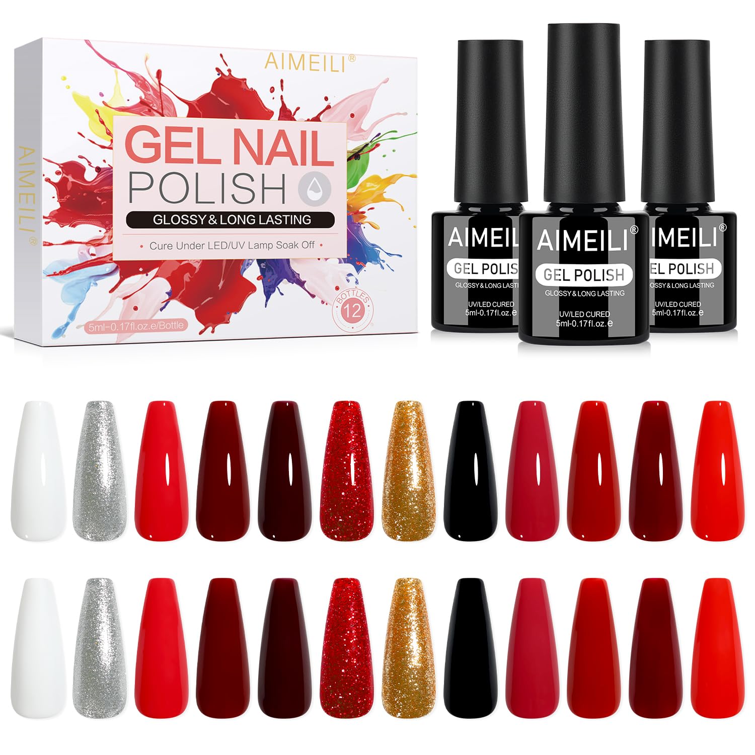 AIMEILI Christmas 12-piece gel set bottles showcase rich shades for festive nails