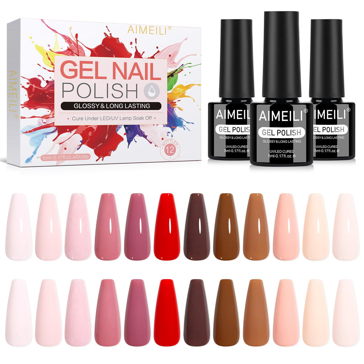 AIMEILI gel nail polish set 12 colors on display for versatile home manicures.