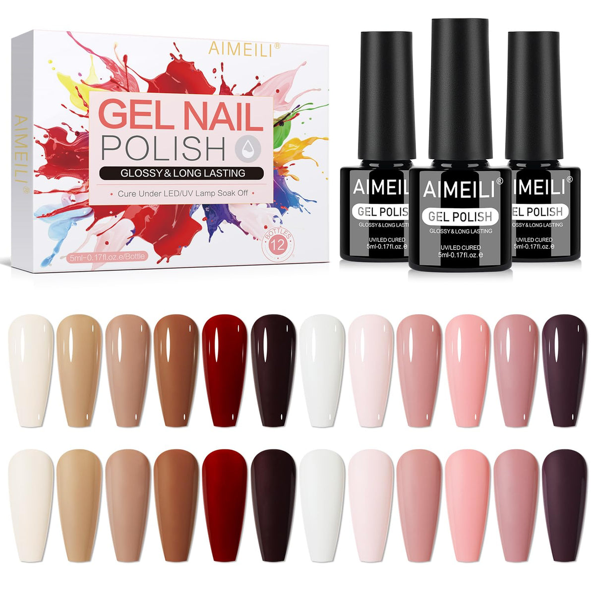 AIMEILI gel nail polish set with twelve colors for versatile at-home manicures.