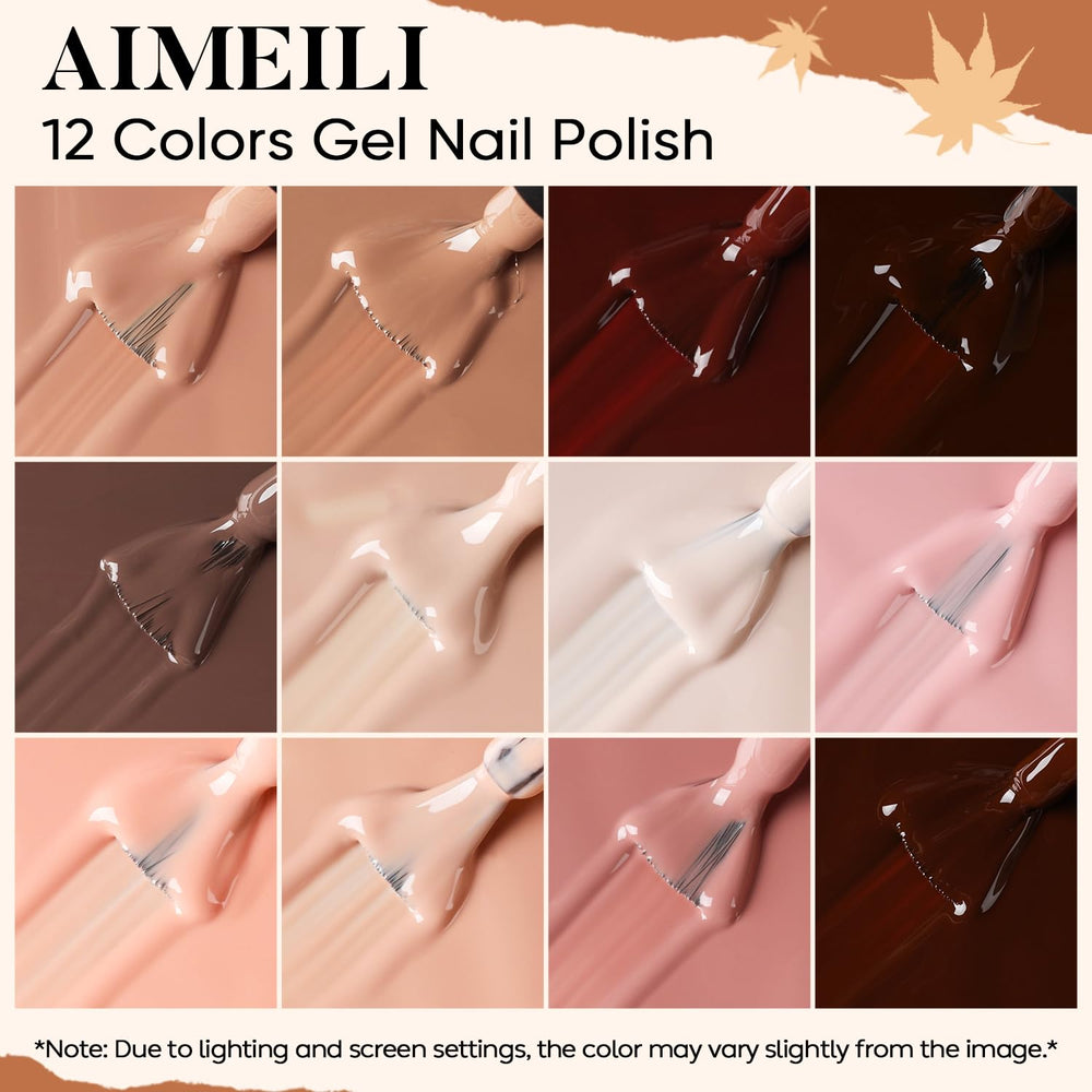 AIMEILI gel nail polish bottles close-up highlighting glossy finish and shade variety.