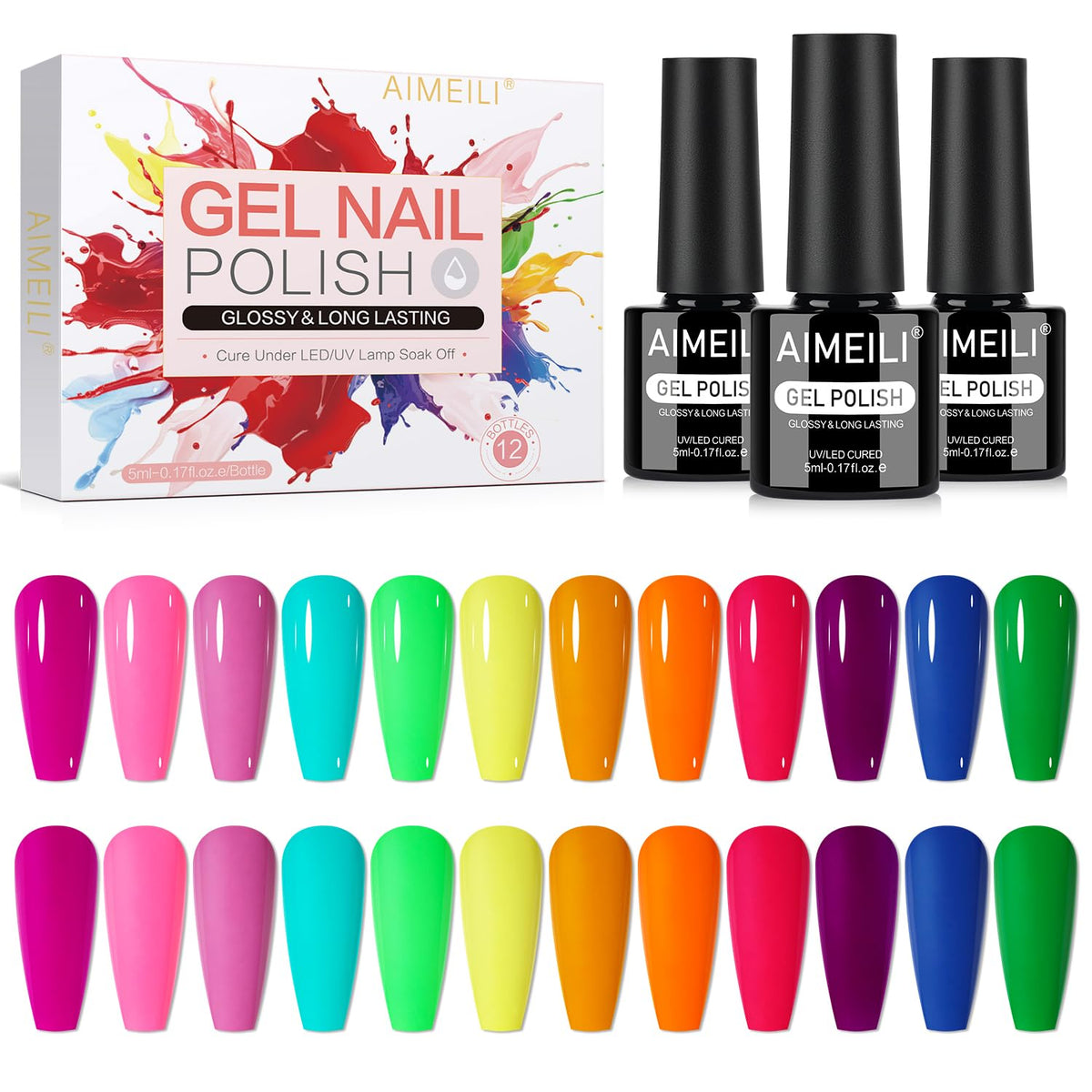 AIMEILI Neon Gel Set bottle closeup shows vibrant colors for at-home long-lasting manicures.