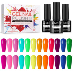 AIMEILI Neon Gel Set bottle closeup shows vibrant colors for at-home long-lasting manicures.