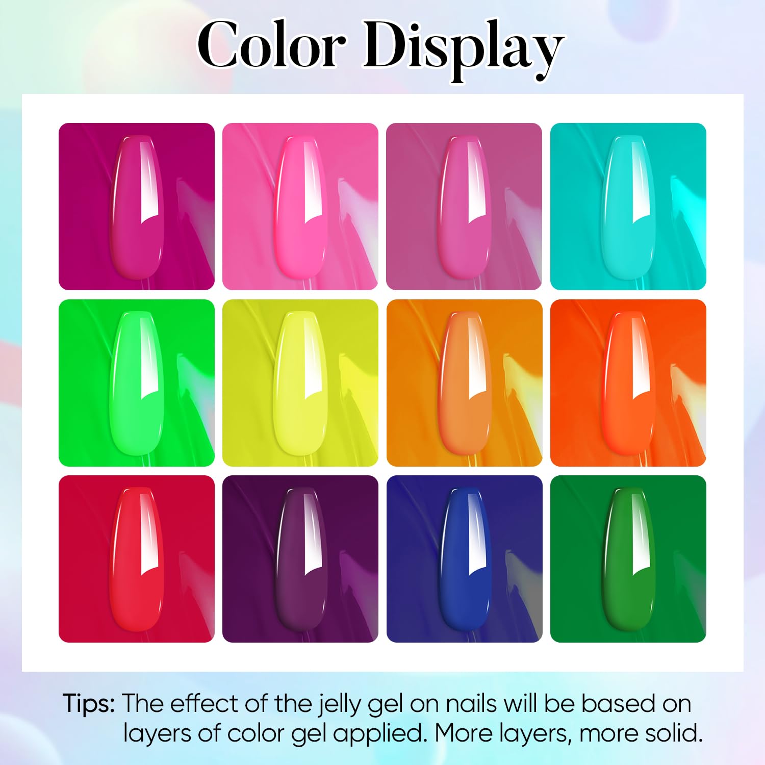 AIMEILI Neon Gel color swatches display diverse shades for easy nail art customization.