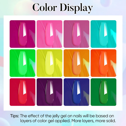 AIMEILI Neon Gel color swatches display diverse shades for easy nail art customization.