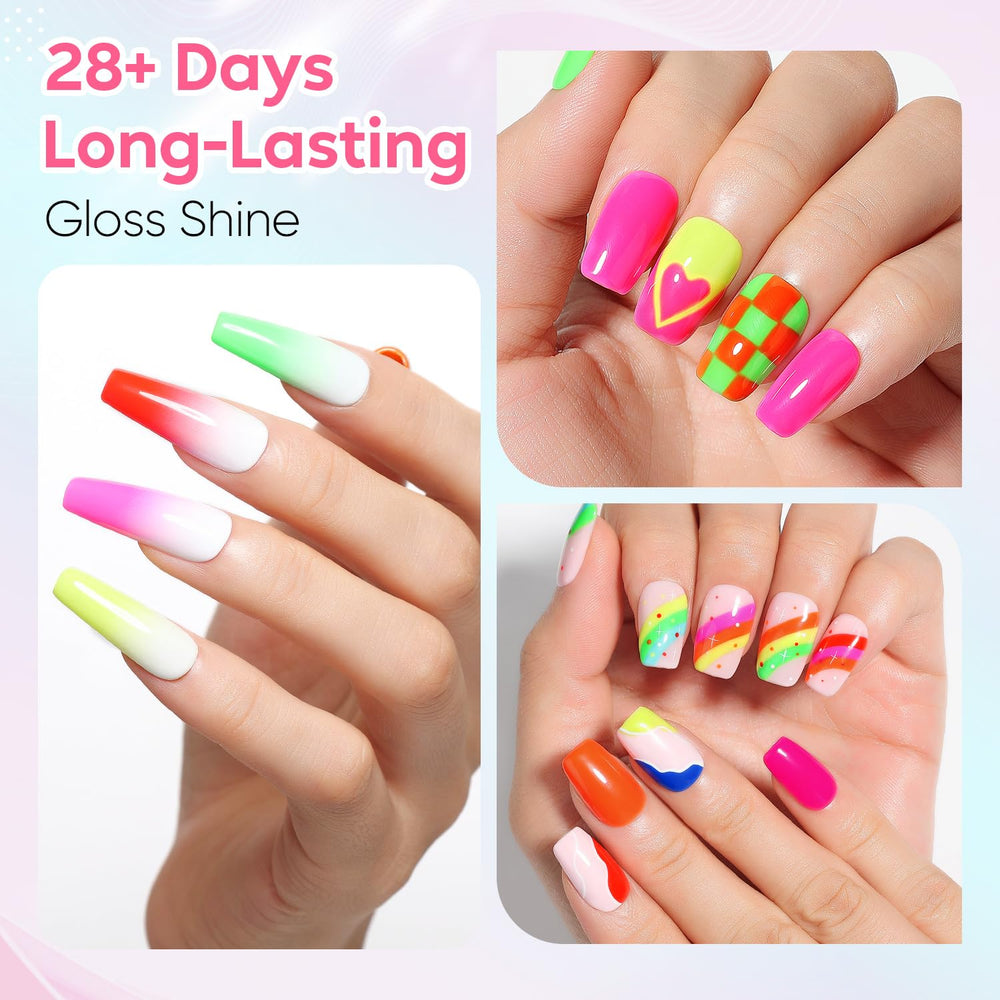 AIMEILI Neon Gel manicure setup for DIY at-home nails with glossy finish.