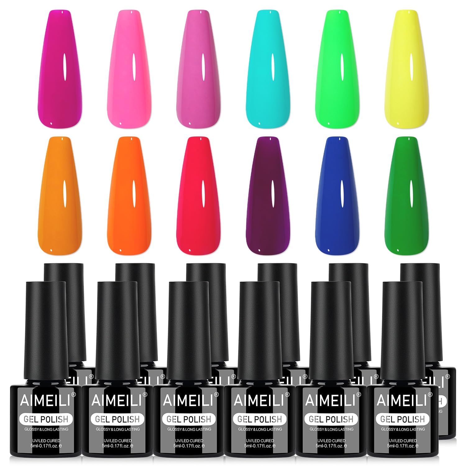 AIMEILI Neon Gel gloss on nails suggests long-lasting shine and easy removal.