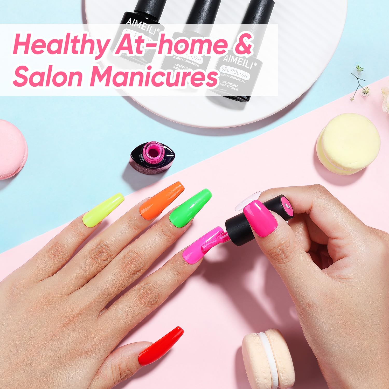 AIMEILI Neon Gel polish packaging highlights vegan and cruelty-free ingredients.