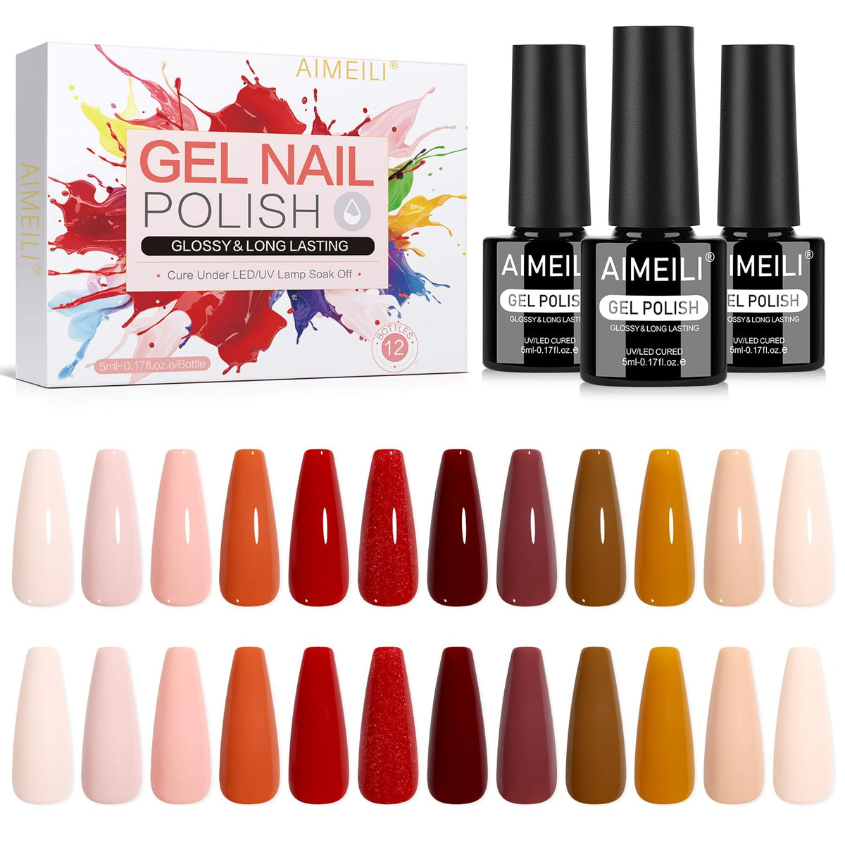 AIMEILI Nude Brown Gel Nail Polish Set 12pcs swatches show versatile nude shades for everyday manicures