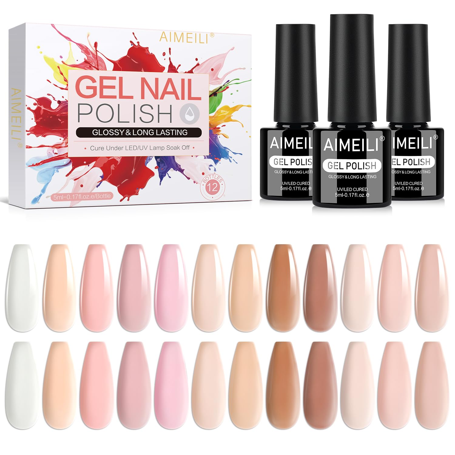 AIMEILI Nude Gel Nail Polish Set with 12 nude shades for versatile manicures.