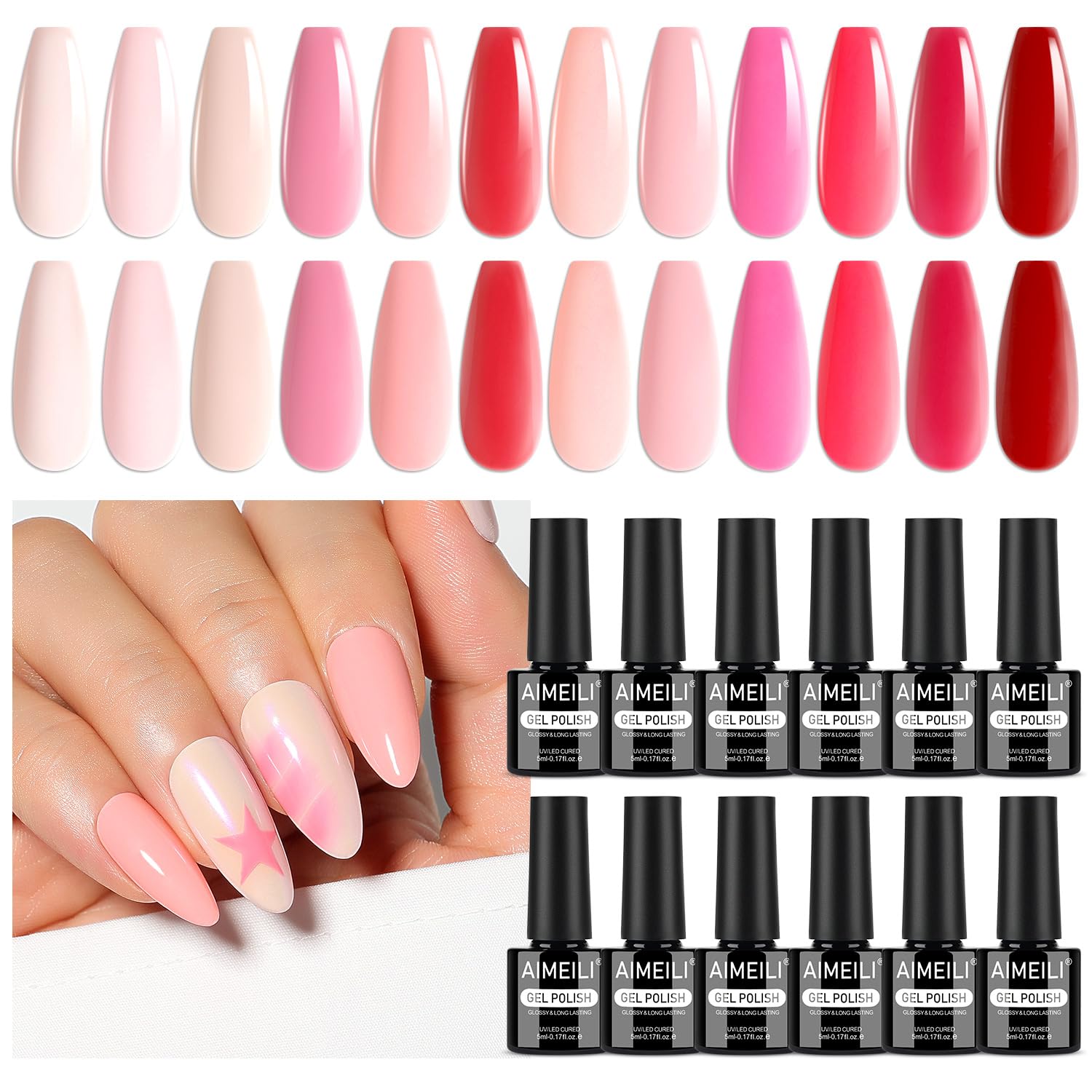 AIMEILI Nude Pink bottle with base and top coats for easy removal.