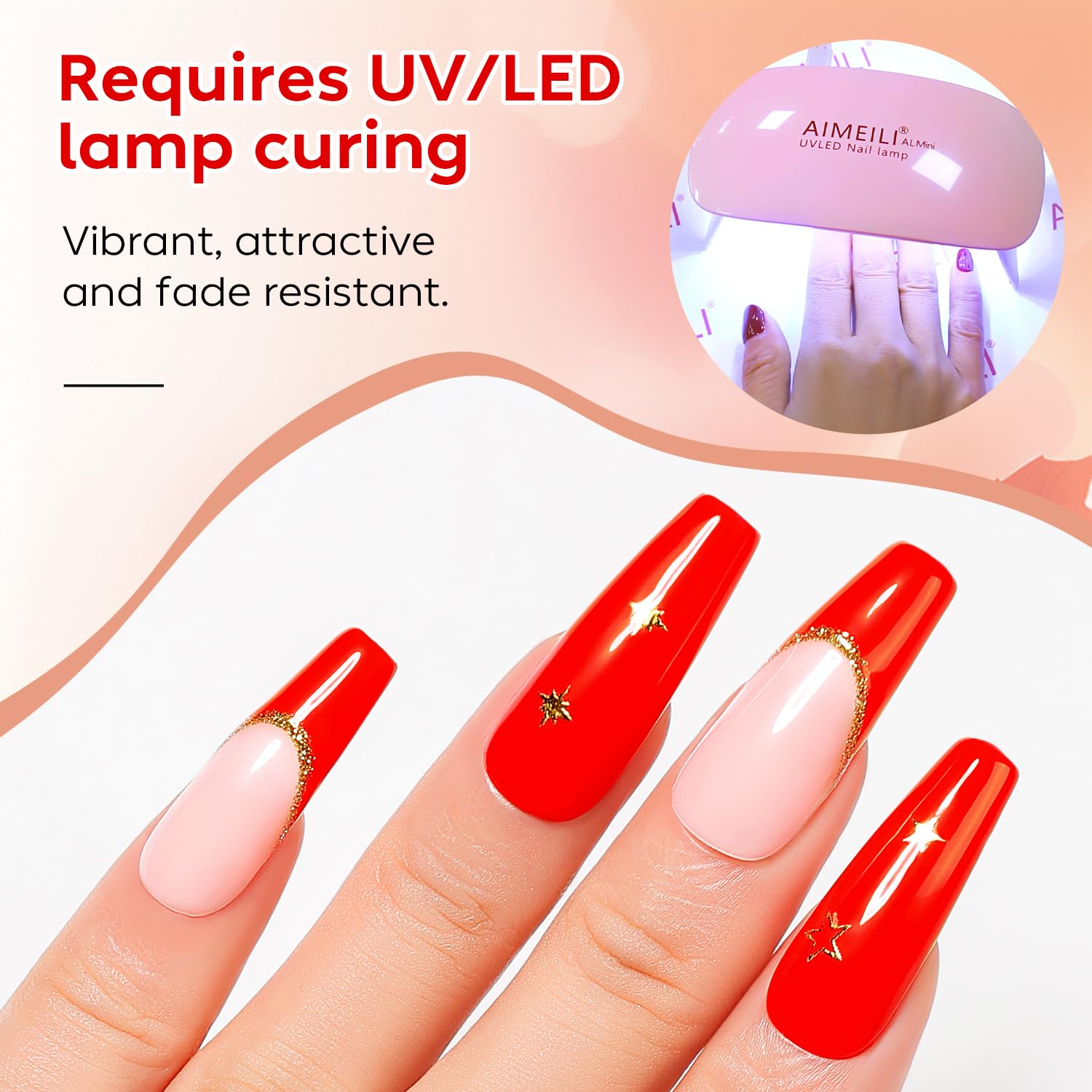 Nails shown with AIMEILI Nude Pink gel polish in use, glossy result.