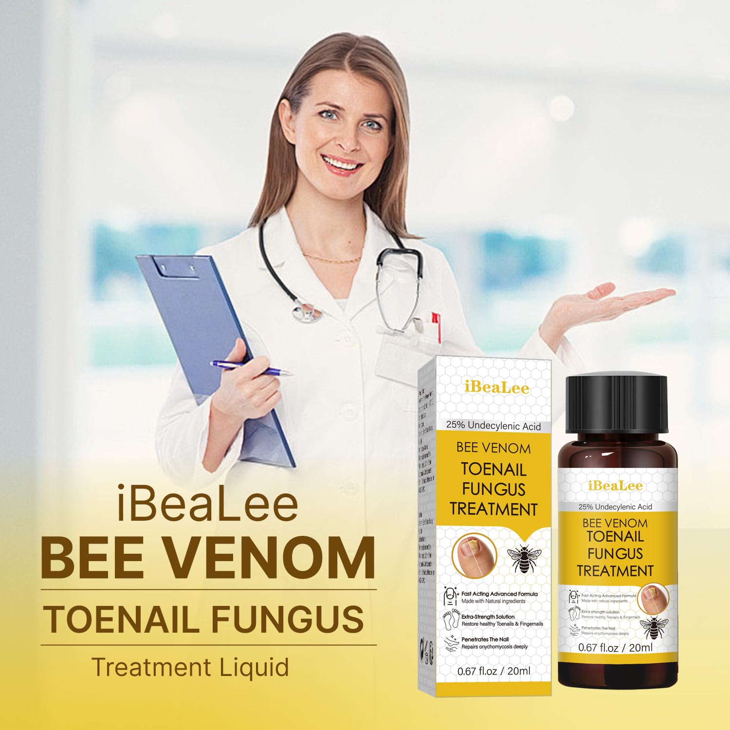 Aimery Bee Venom Antifungal Solution packaging emphasizes extra-strength formula for tough cases.