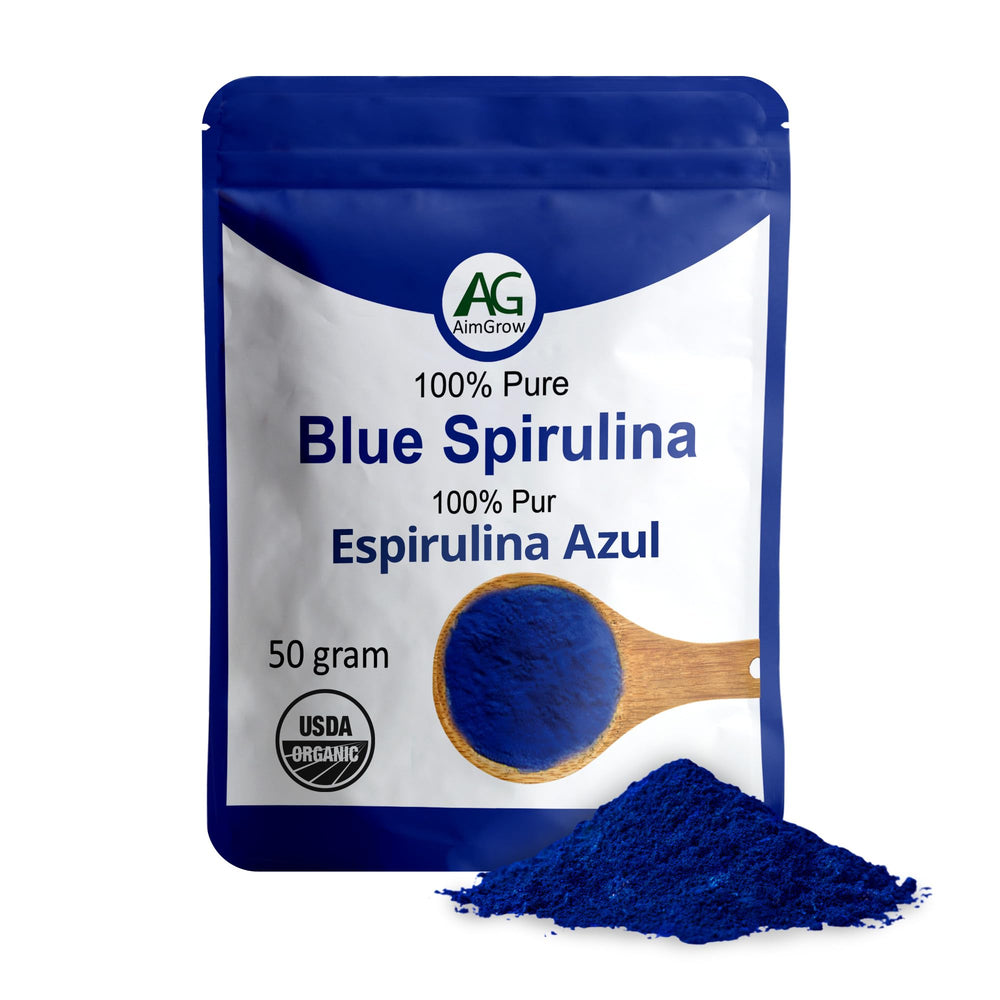 Jar and scoop of Aimgrow Blue Spirulina powder