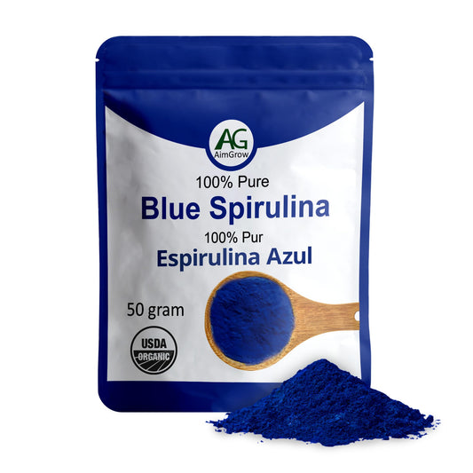 Jar and scoop of Aimgrow Blue Spirulina powder