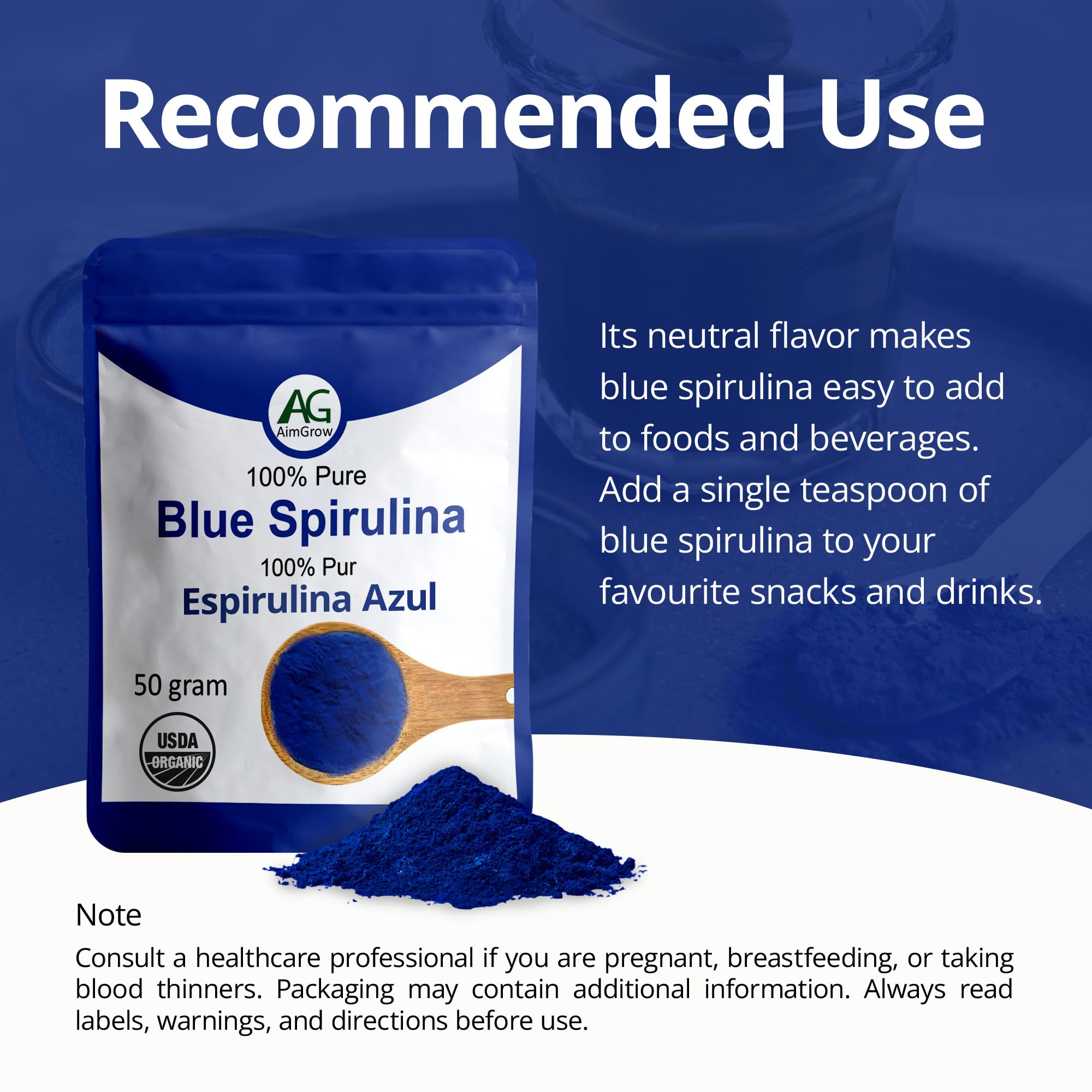 50-gram pouch of blue spirulina powder
