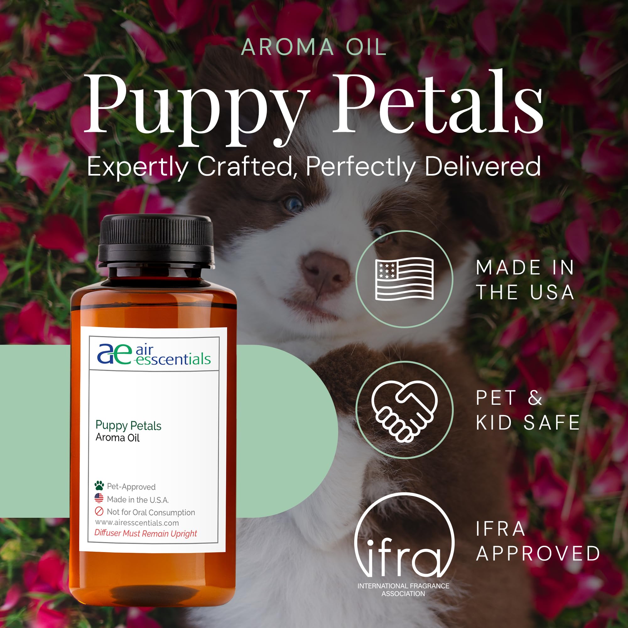 Air Esscentials Puppy Petals diffuser setup in living room for pet-friendly ambience.