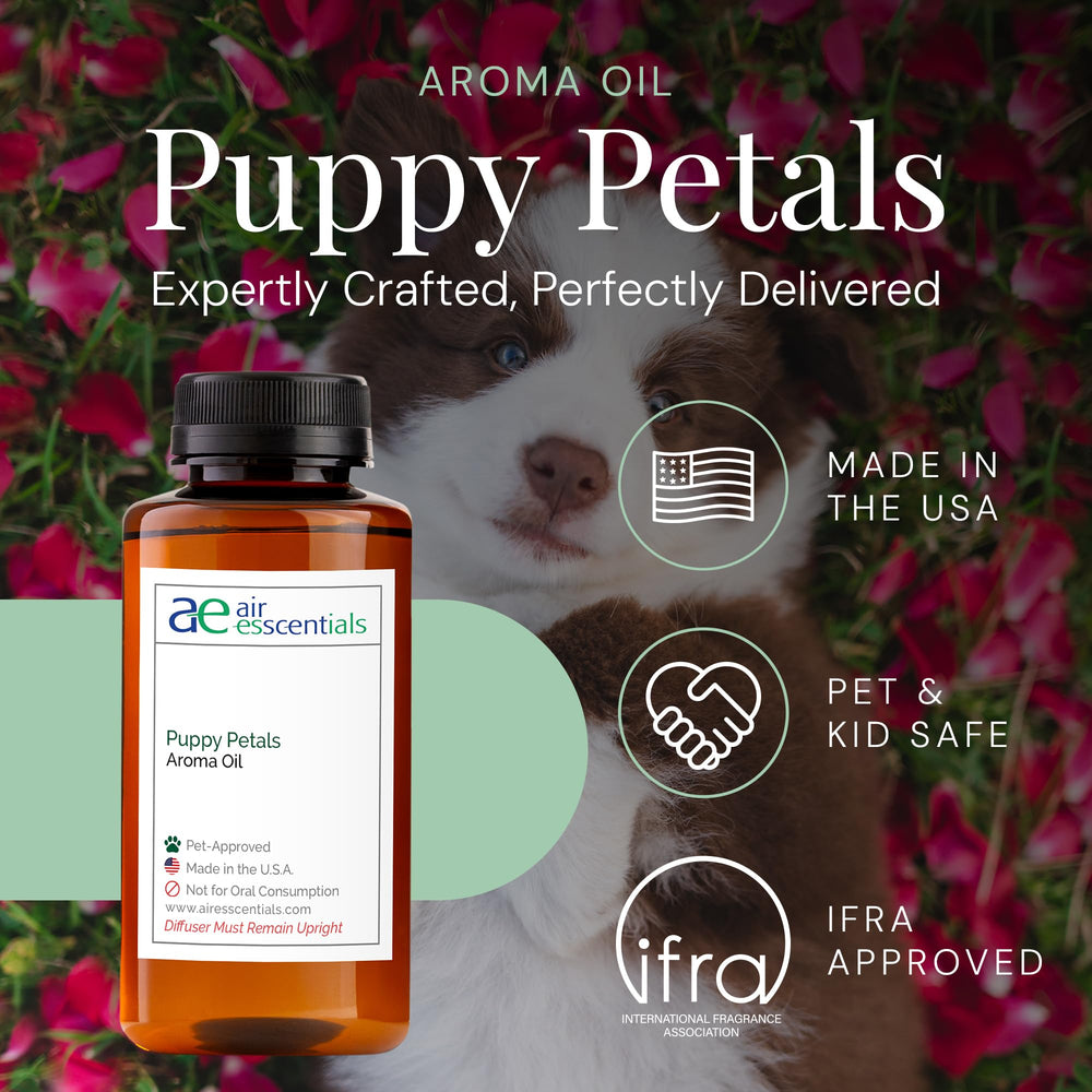 Air Esscentials Puppy Petals diffuser setup in living room for pet-friendly ambience.
