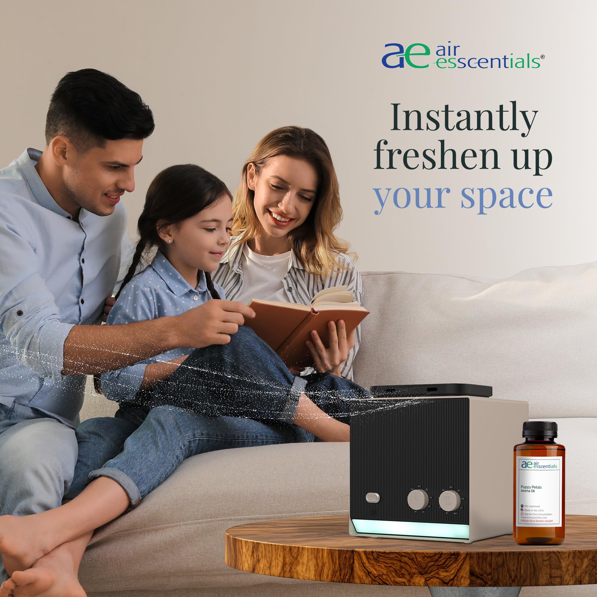 Air Esscentials Puppy Petals diffuser in a clean space highlighting pet-friendly scent usage.