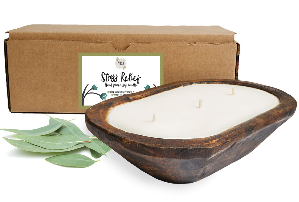 Aira Dough Bowl Candle front view in a hand-carved wood bowl for natural ambience.