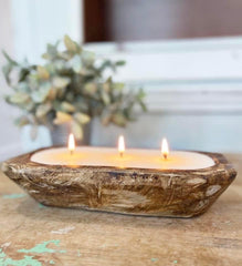 Aira Dough Bowl Candle hand-carved wood bowl close-up shows artisanal craftsmanship.