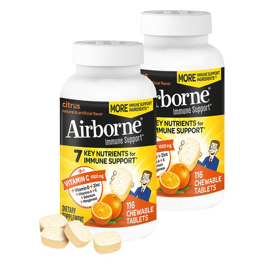 Airborne 1000mg Vitamin C + Zinc immune support chewable tablets Citrus flavor front view
