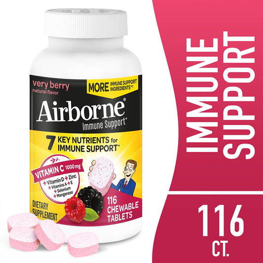 Close-up of Airborne berry-flavored chewables with vitamin C and zinc label