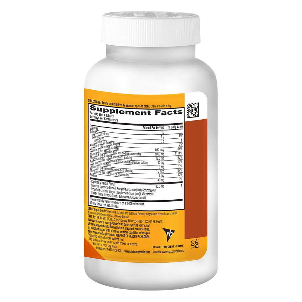 Airborne 13-nutrient immune blend packaging information shown for reference.