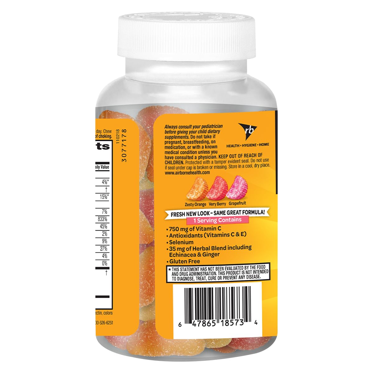 Nutrition and ingredients panel showing vitamins C & E, Selenium and herbal blend