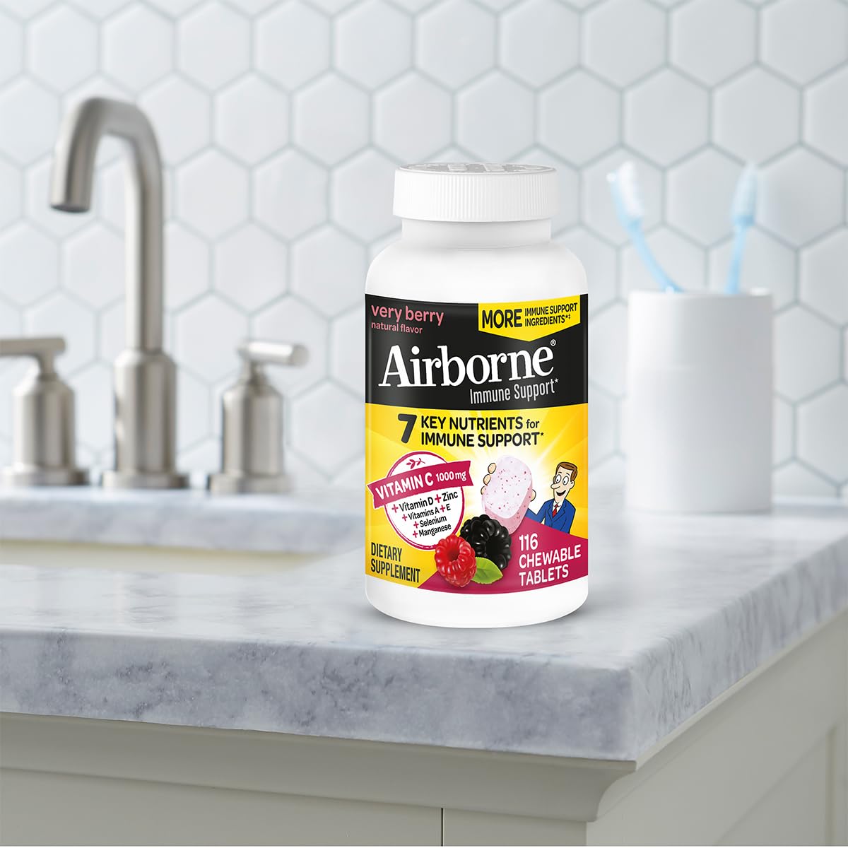 Airborne kid-friendly 12+ chewable option for family use.