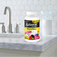Airborne kid-friendly 12+ chewable option for family use.