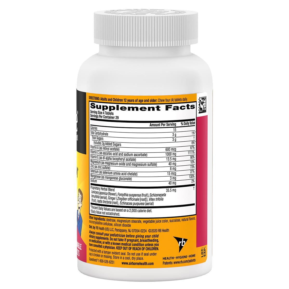 Airborne serving four tablets shows single daily portion.