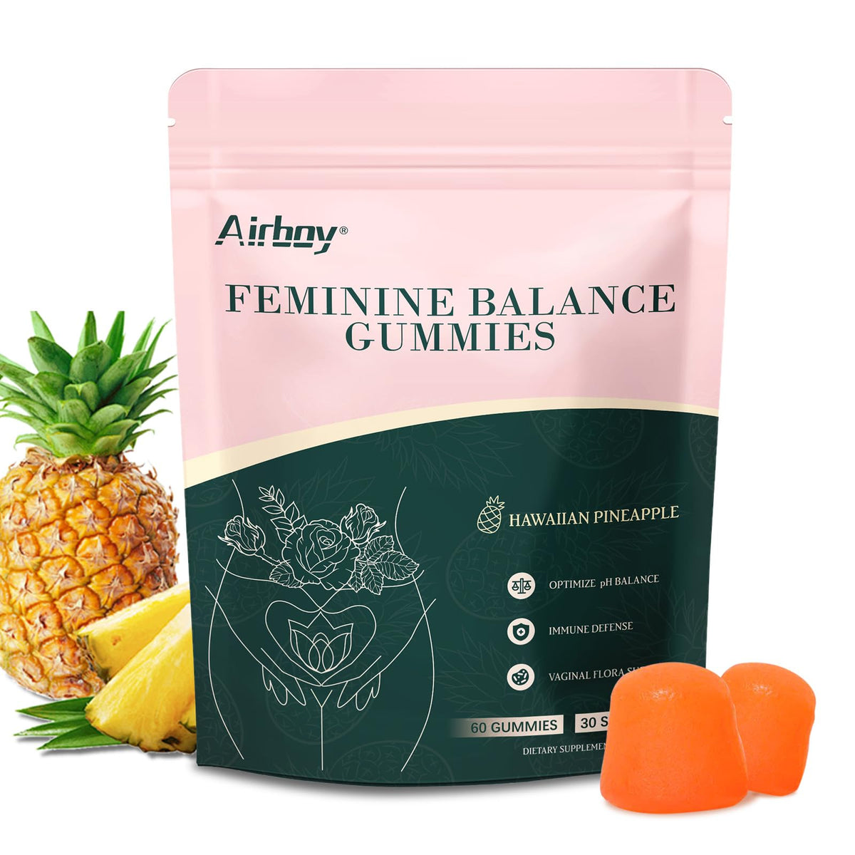 Airboy Feminine Balance Gummies bottle with pineapple flavor