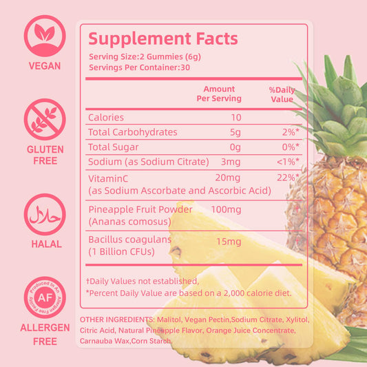 Pineapple-flavored probiotic gummies spilled from bottle