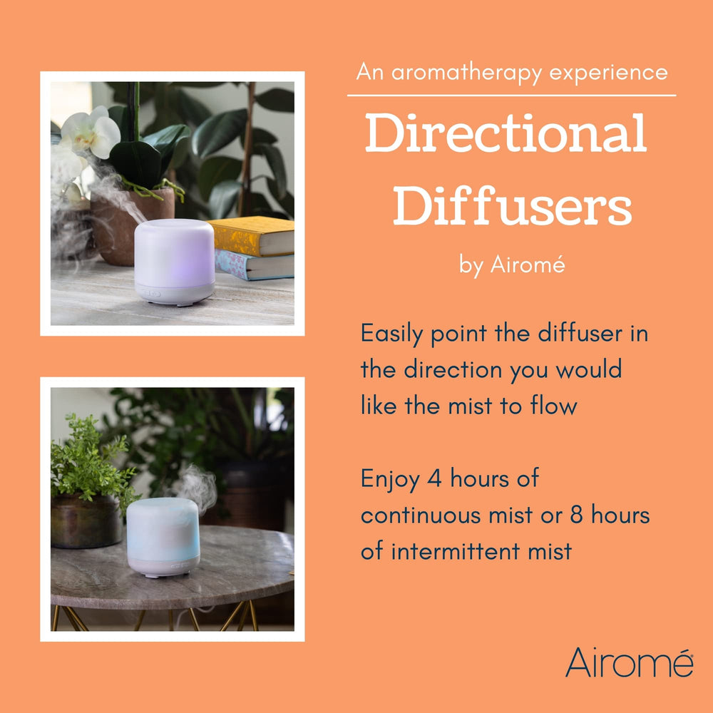 Airomé diffuser on bedside setup for night-time calm and aroma.
