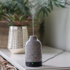  diffuser displaying color-changing LED lights in ambient lighting