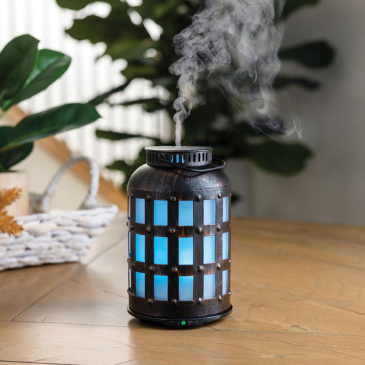 Diffuser showing eight LED color options lighting the frosted glass