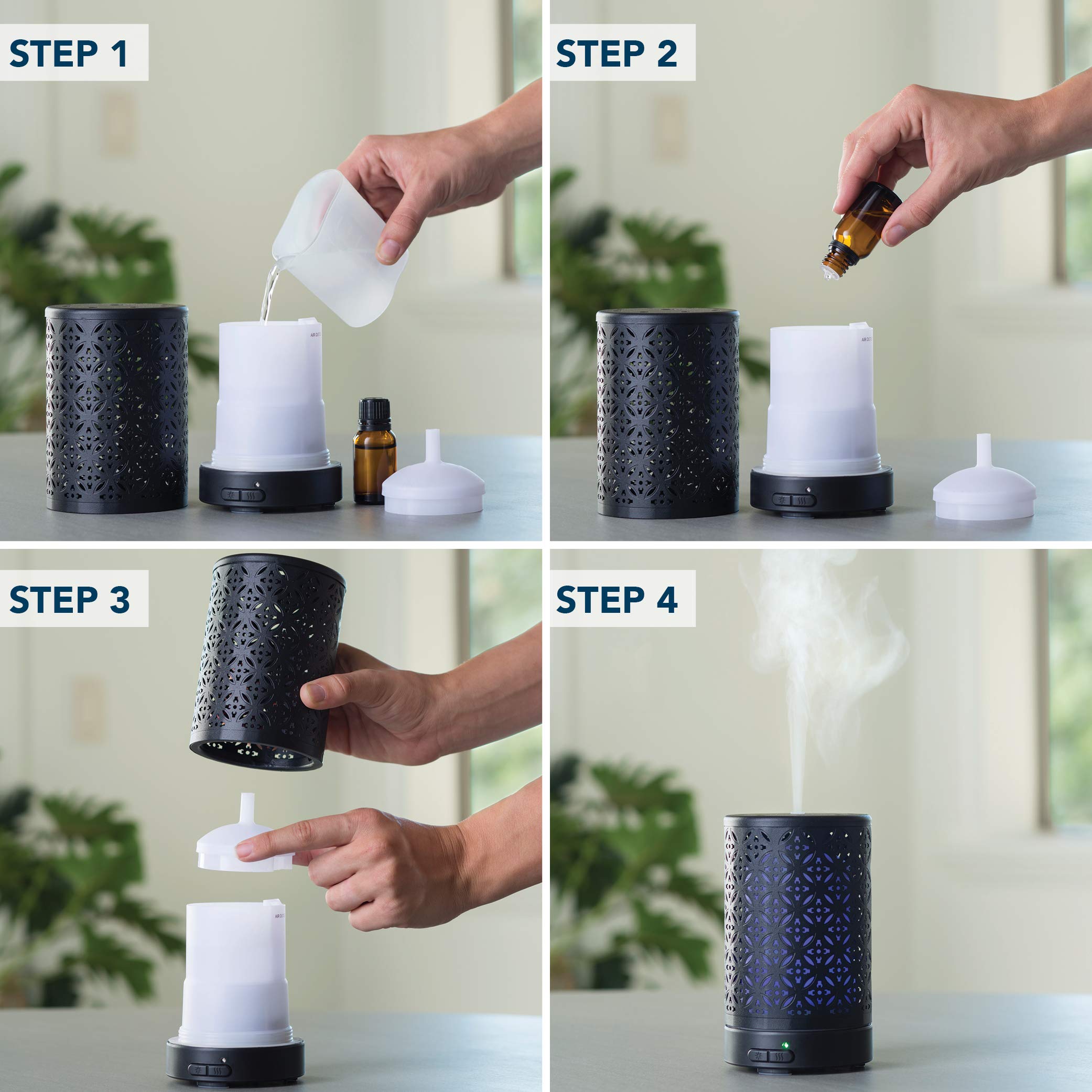 Diffuser setup with decorative sleeve, measuring cup, and 5 ft power cord