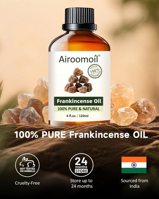 Frankincense essential oil in clear glass bottle with dropper