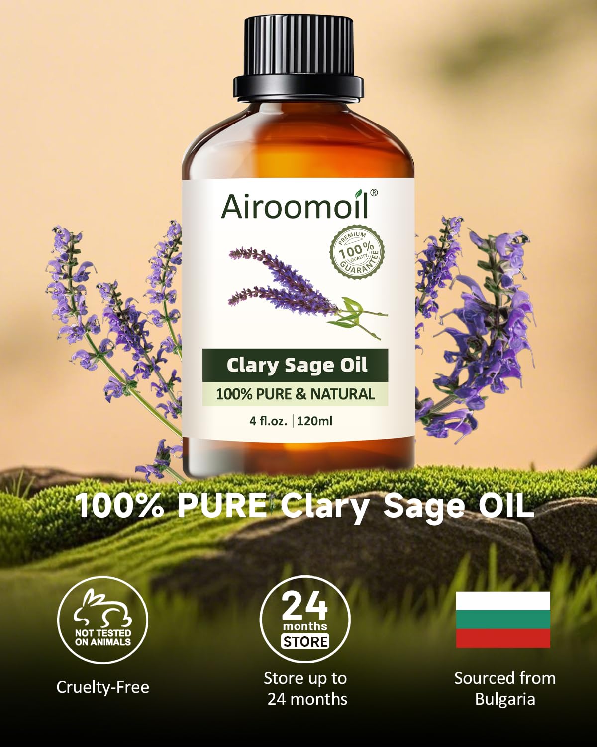 Close-up of Clary Sage essential oil bottle label and dropper